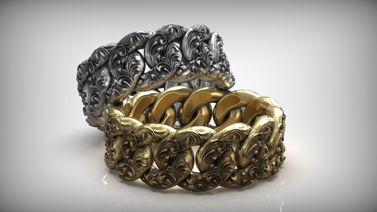 Miami Cuban Chain Link Ring Oxidized Floral Pattern 3D print model_2