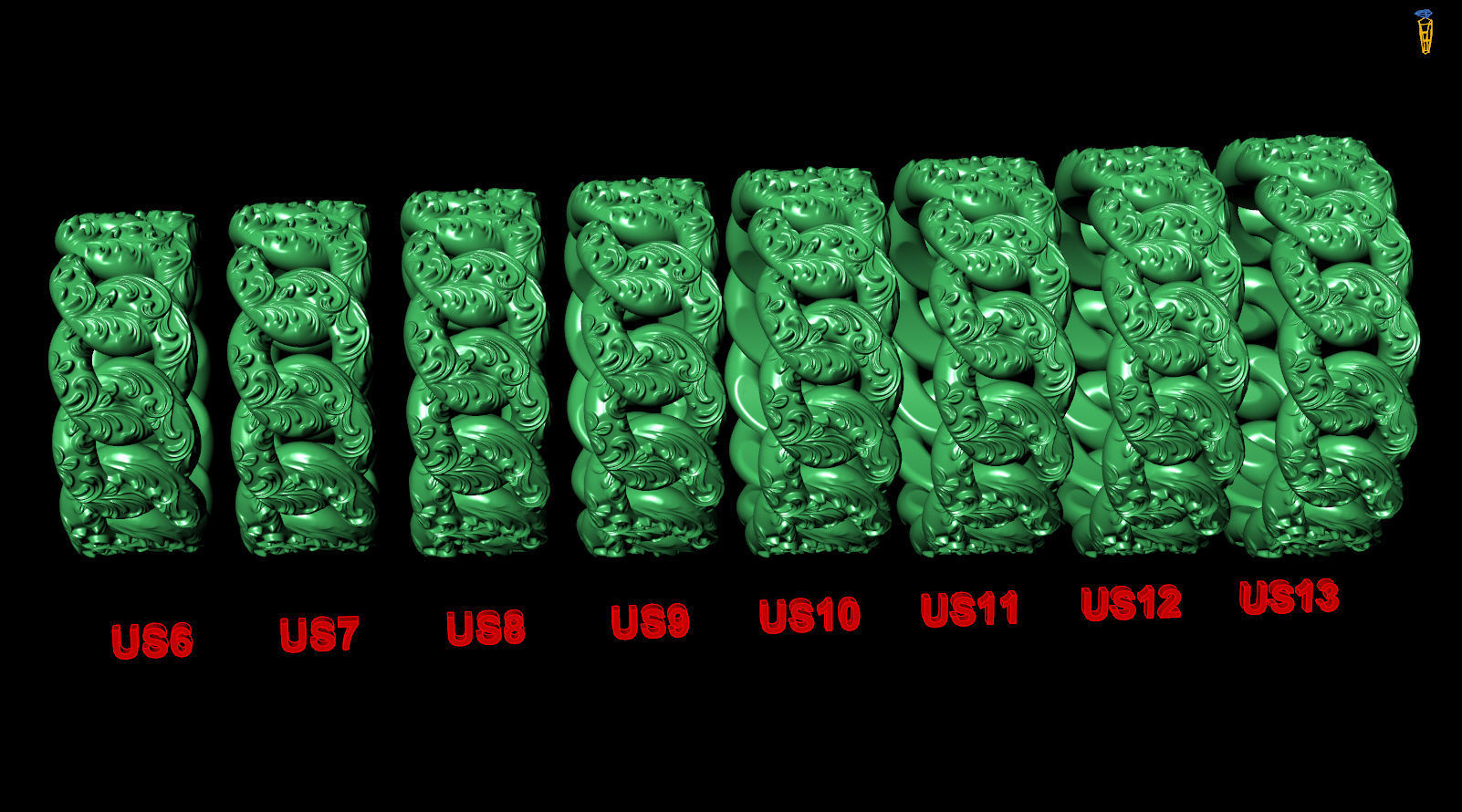 Miami Cuban Chain Link Ring Oxidized Floral Pattern 3D print model_8