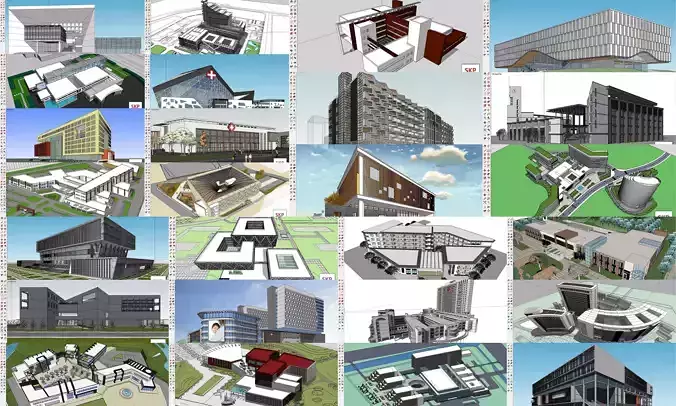 Collection 24 Sketchup Hospital and Library models