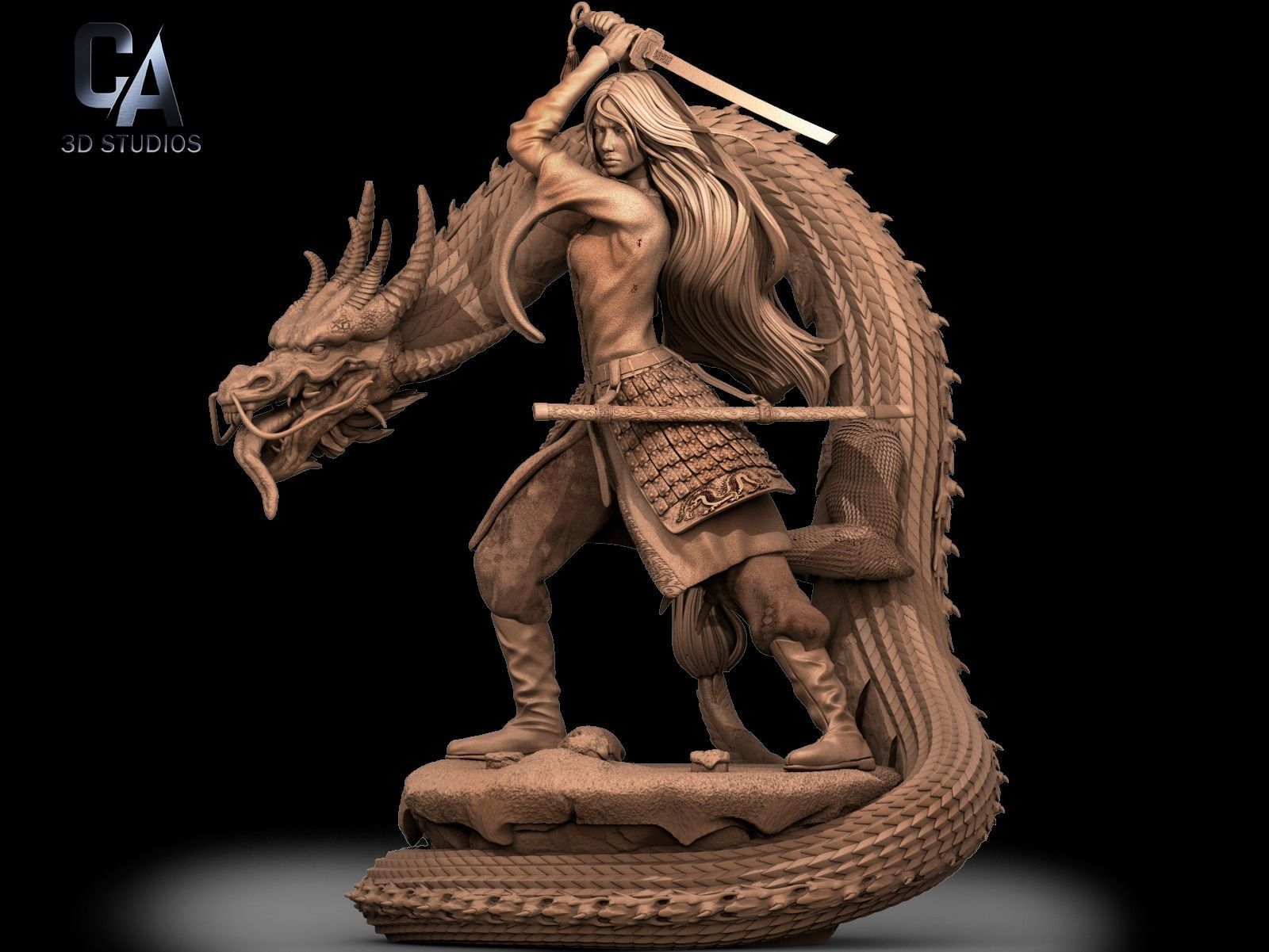 Mulan 3D Print wooden statue with dragon 3D print model_4