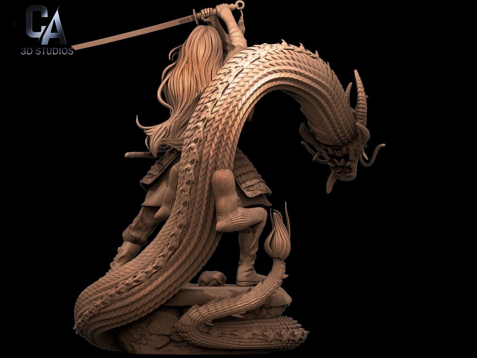 Mulan 3D Print wooden statue with dragon 3D print model_6