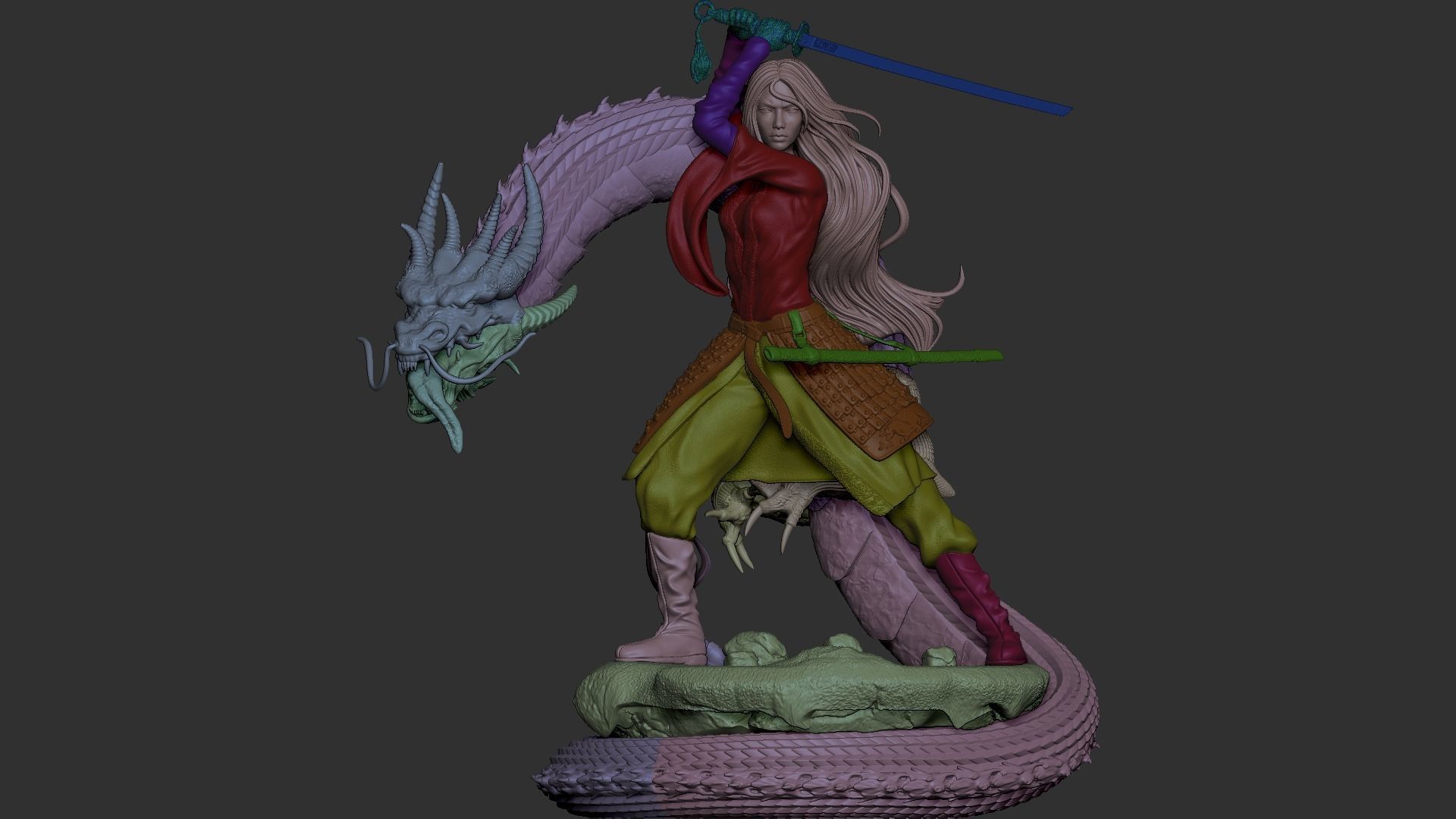 Mulan 3D Print wooden statue with dragon 3D print model_7