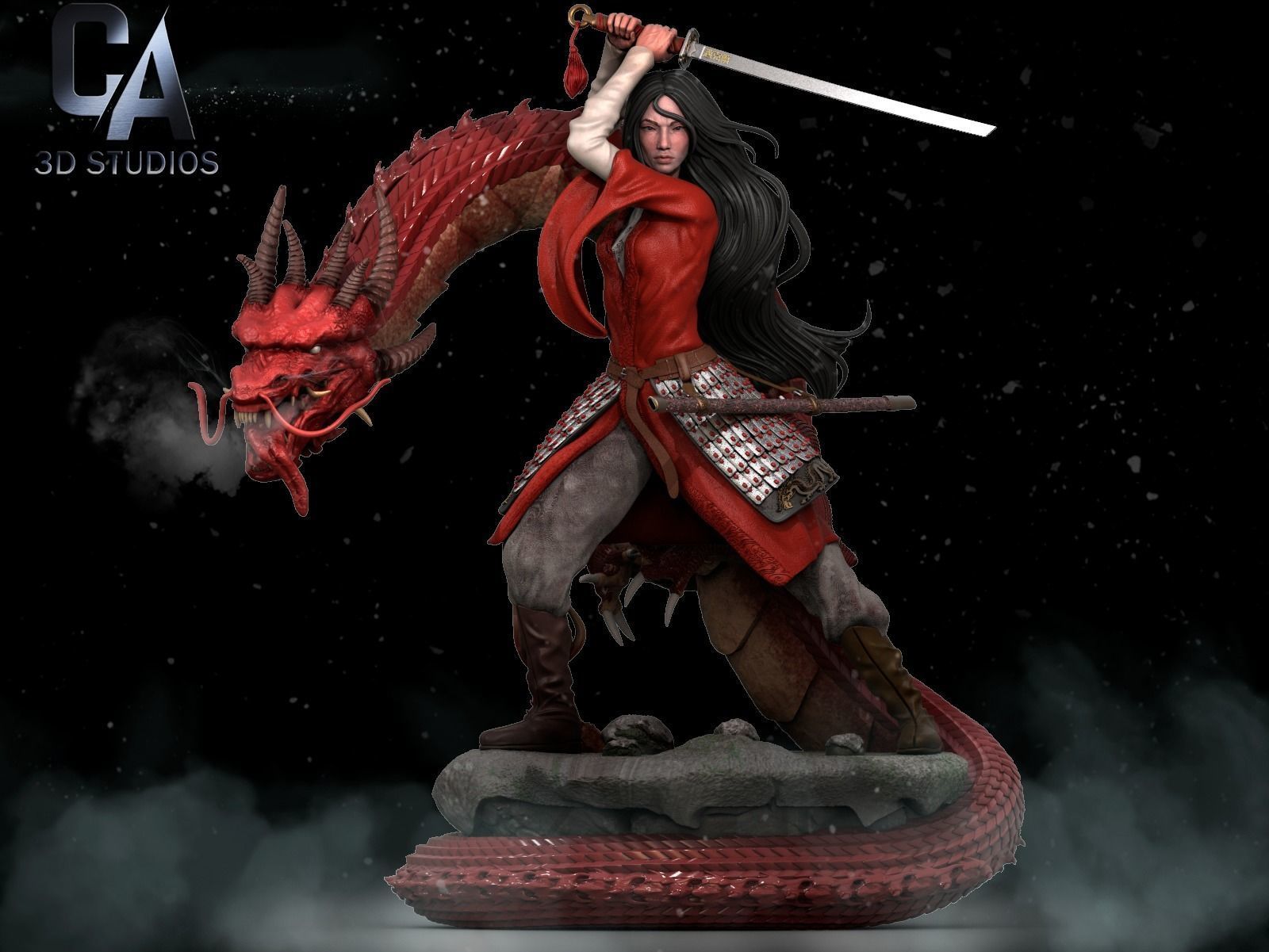 Mulan 3D Print wooden statue with dragon 3D print model_1