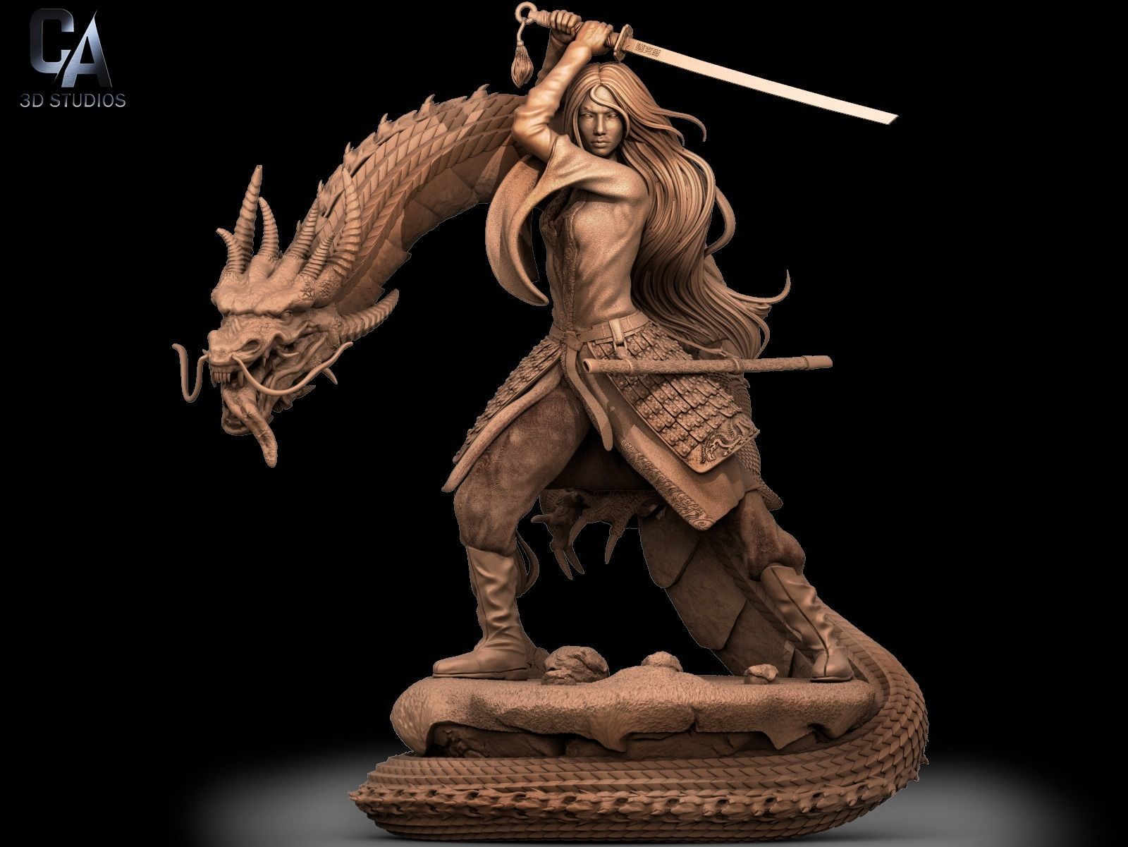 Mulan 3D Print wooden statue with dragon 3D print model_2