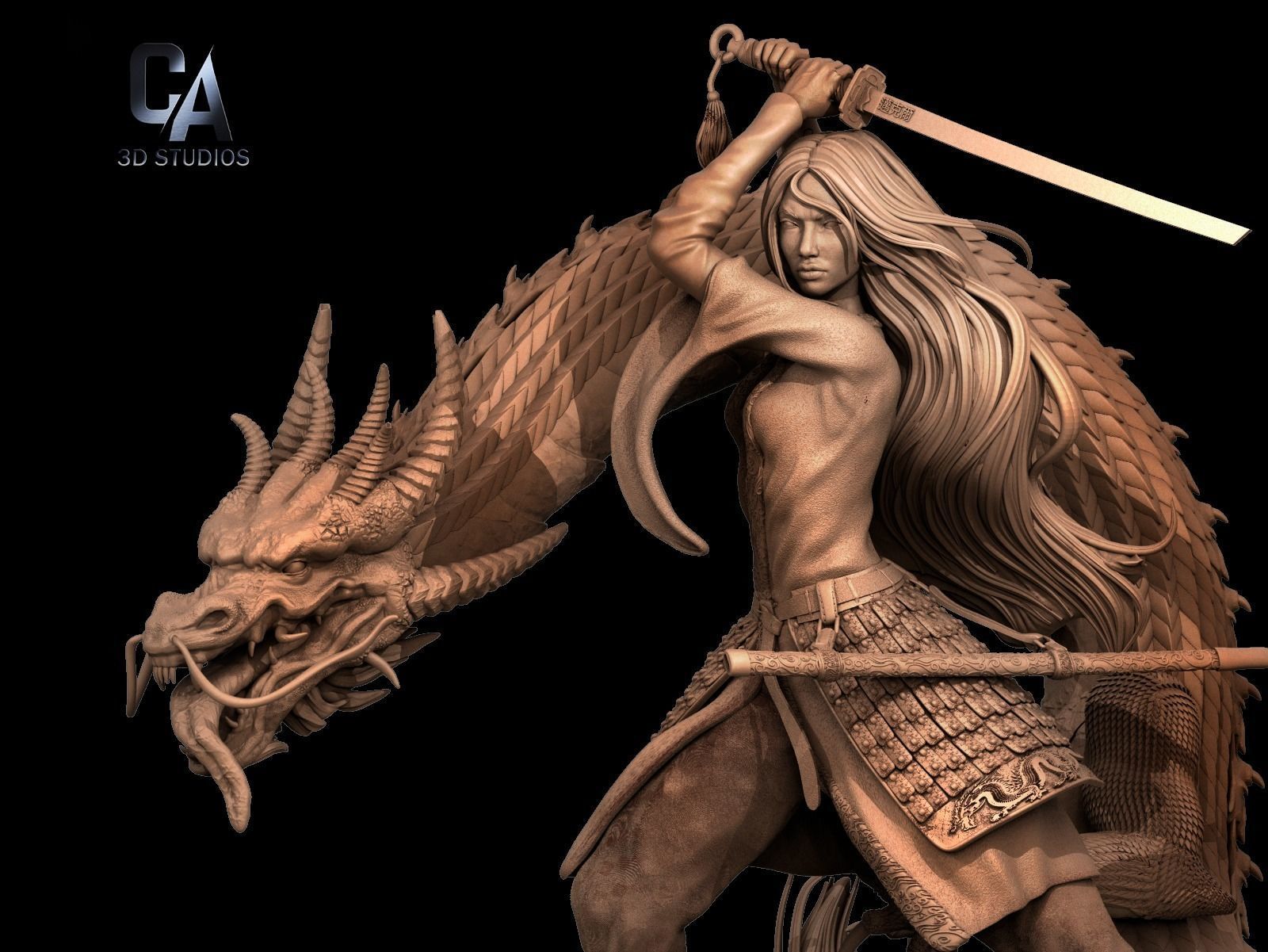 Mulan 3D Print wooden statue with dragon 3D print model_3