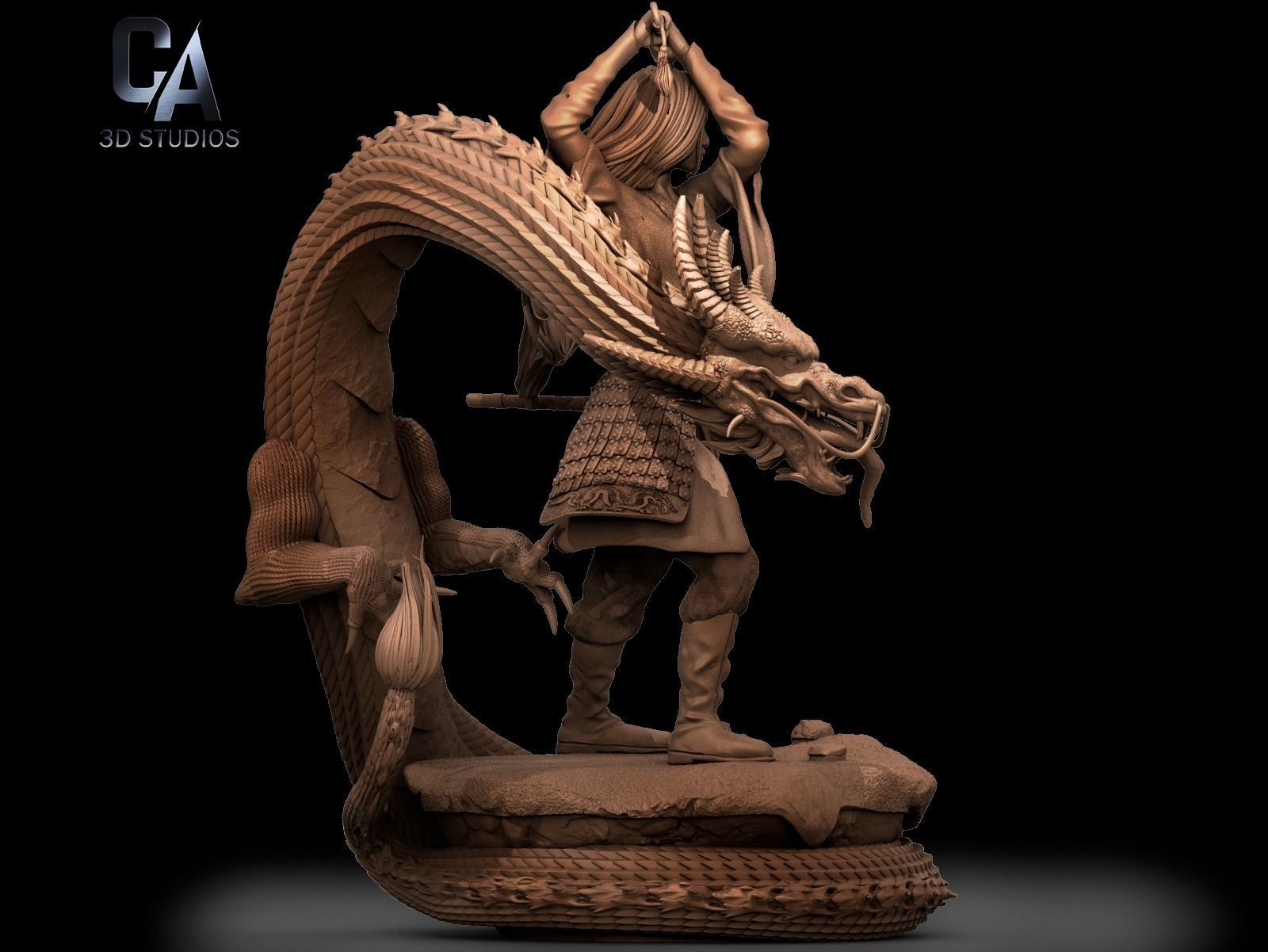 Mulan 3D Print wooden statue with dragon 3D print model_5