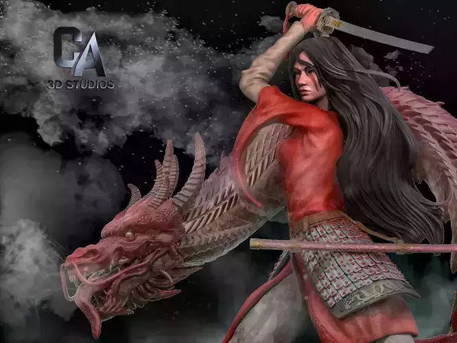Mulan 3D Print wooden statue with dragon 3D print model