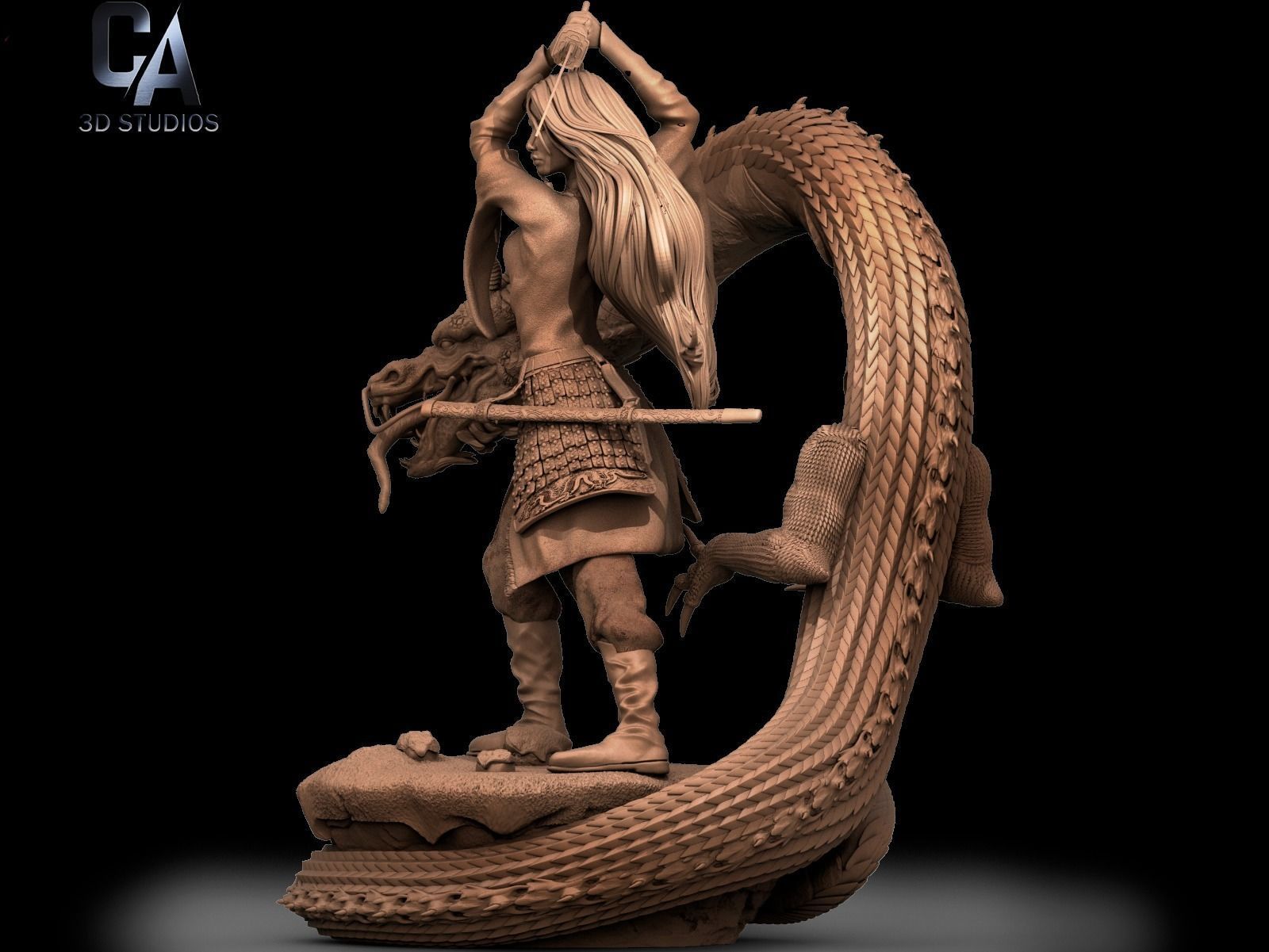 Mulan 3D Print wooden statue with dragon 3D print model_12