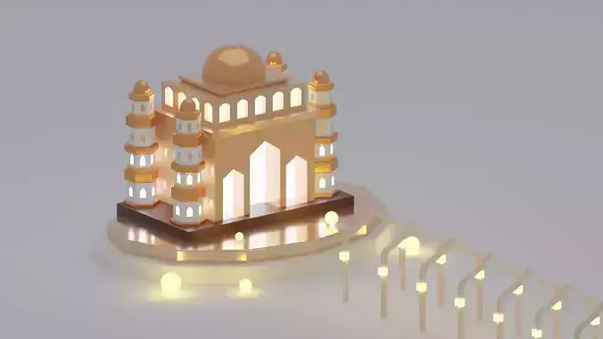 Golden Metallic Islamic Mosque with Lantern and Light 3D Model
