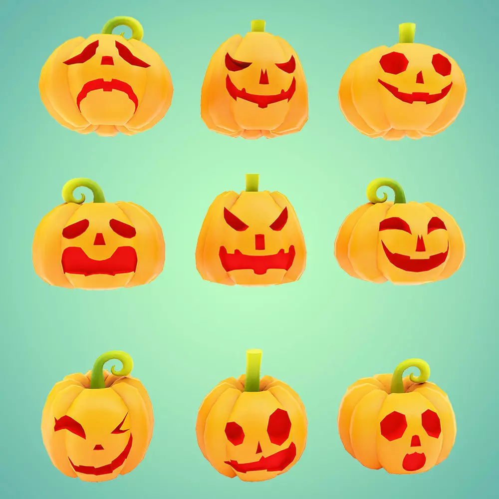 Carved pumpkin heads low poly 3d models set 1 Low-poly 3D model_0