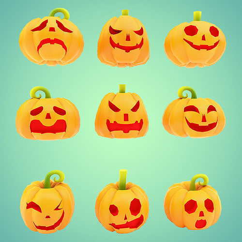 Carved pumpkin heads low poly 3d models set 1 Low-poly 3D model