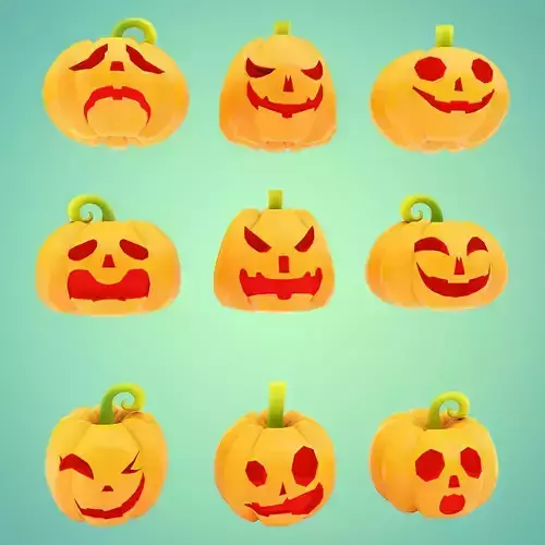 Carved pumpkin heads low poly 3d models set 1