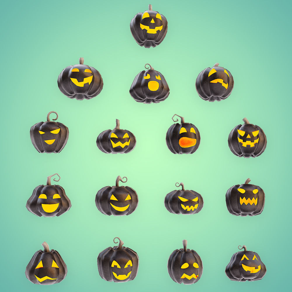 Carved pumpkin heads low poly 3d models set 2  3D model_1