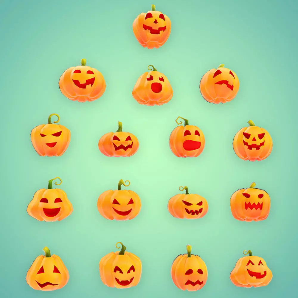 Carved pumpkin heads low poly 3d models set 2  3D model_0