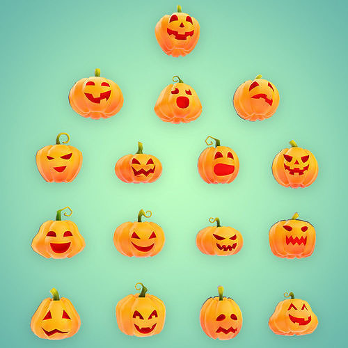 Carved pumpkin heads low poly 3d models set 2  3D model