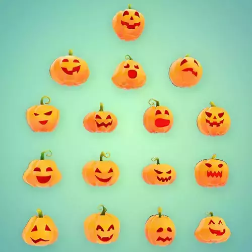 Carved pumpkin heads low poly 3d models set 2  3D model