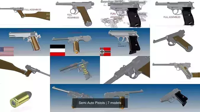 Semi Auto Pistols 3D Model Collection
