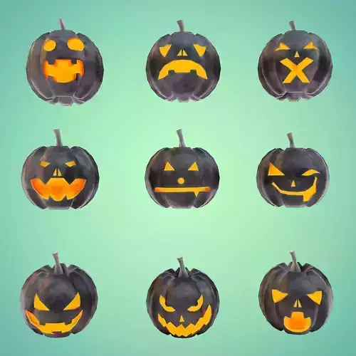 Carved pumpkin heads low poly 3d models set 3 