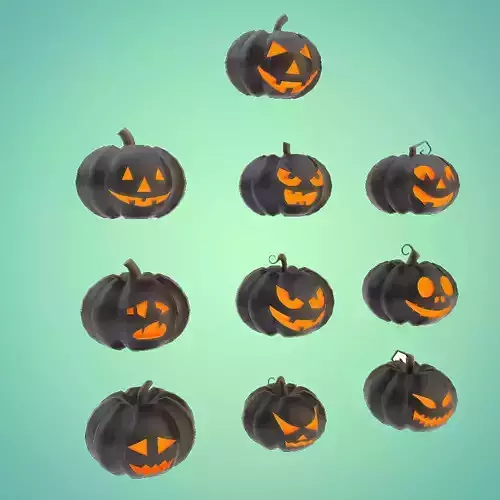Carved pumpkin heads low poly 3d models set 4