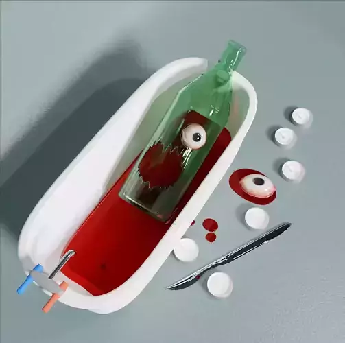 Cartoon bottle in  Bloody Murder bathroom