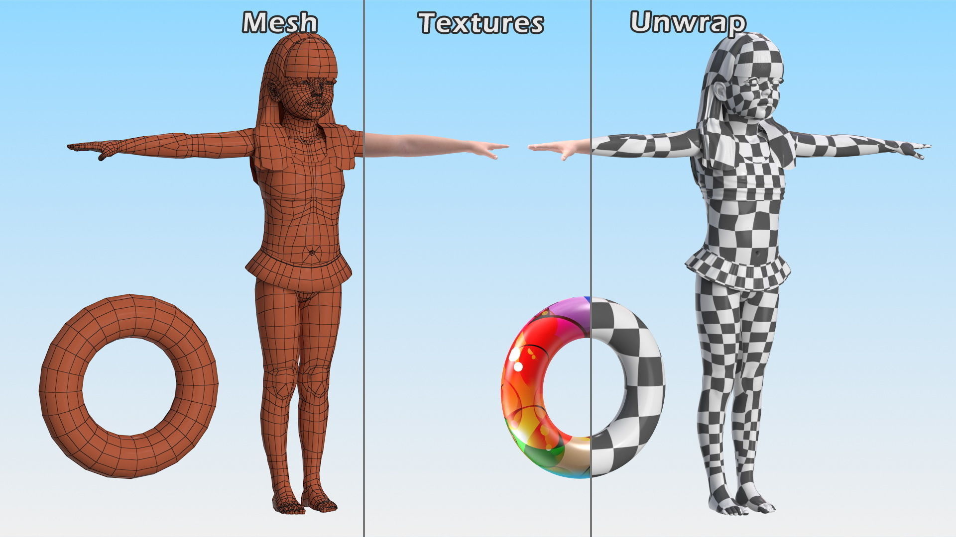Child Girl With Swim Ring T-pose 3D model_12