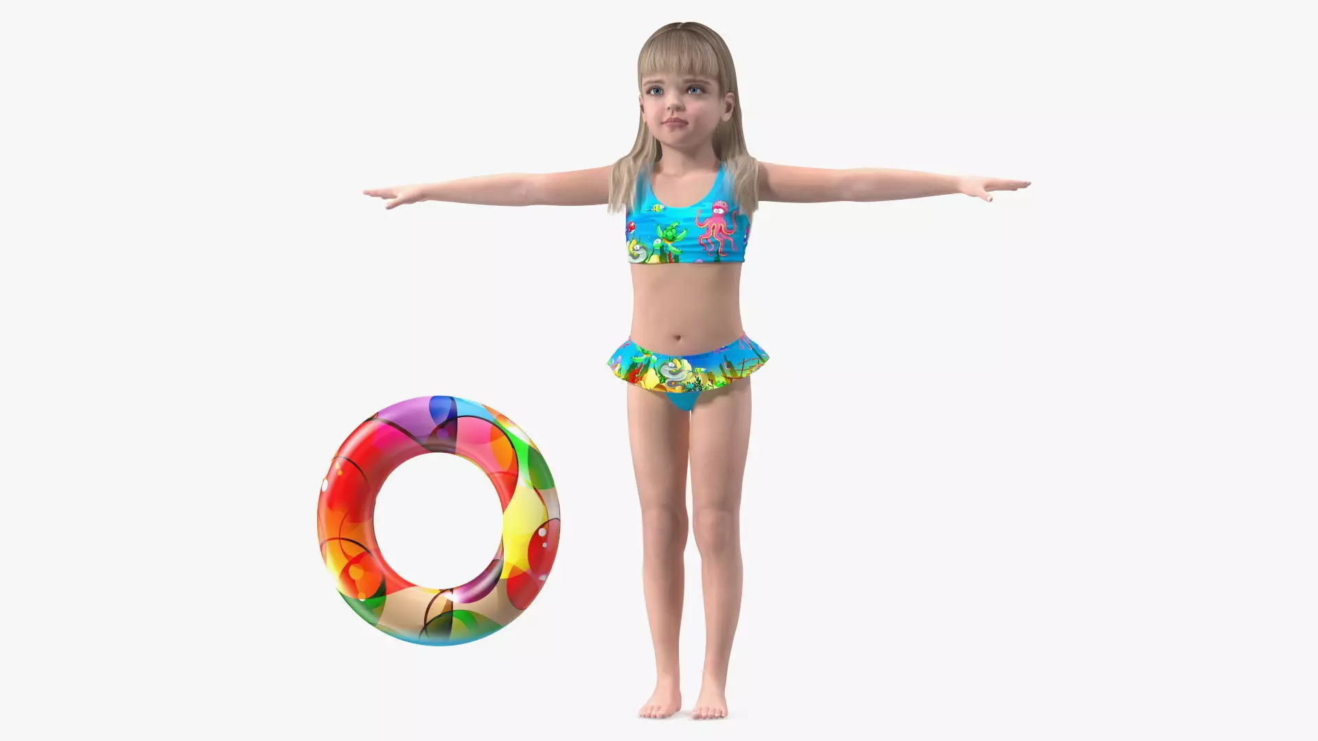 Child Girl With Swim Ring T-pose 3D model_0