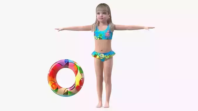 Child Girl With Swim Ring T-pose 3D model
