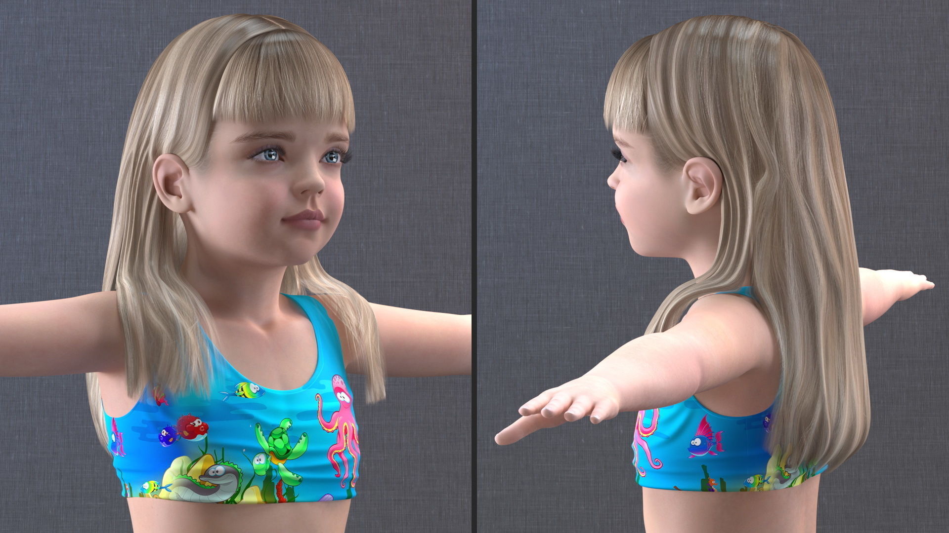 Child Girl With Swim Ring T-pose 3D model_7