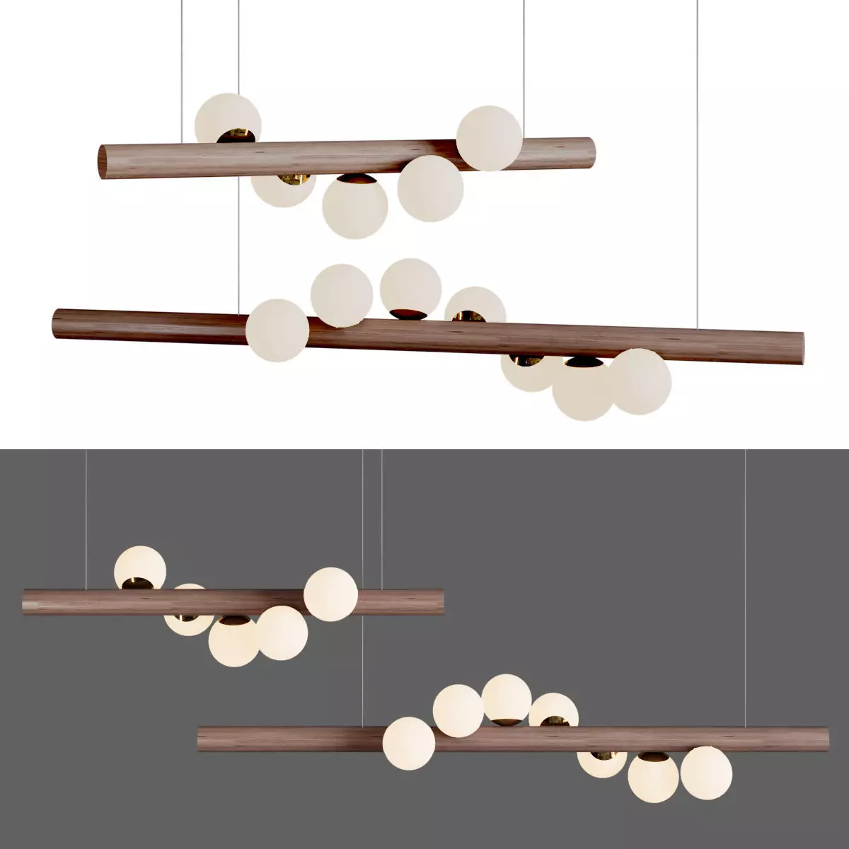 Chandelier pendant light with balls hanging from wooden rods 3D model