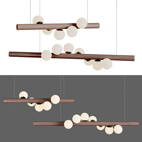 Chandelier pendant light with balls hanging from wooden rods 3D model