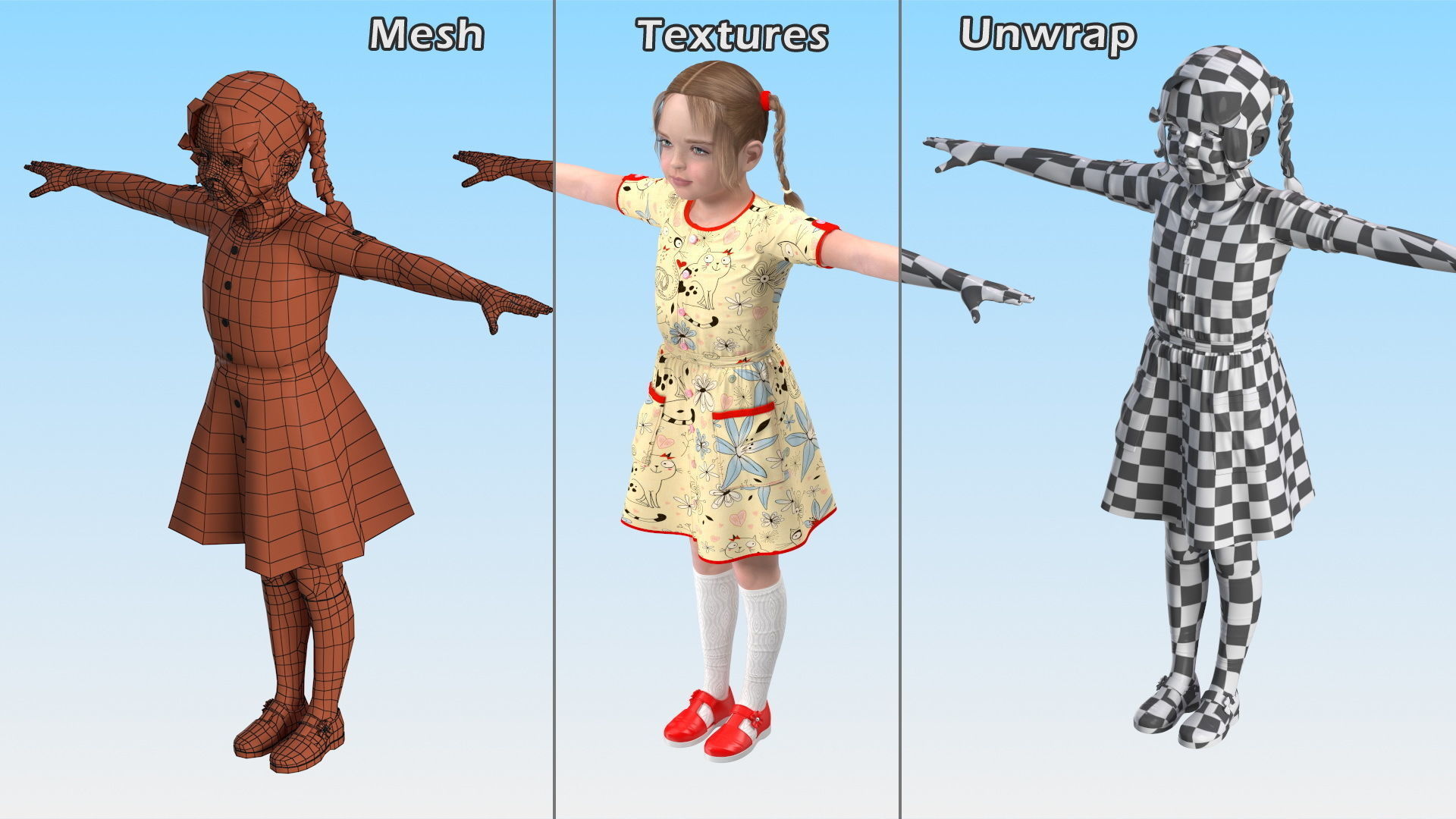 Child Girl T-pose 3D model_14