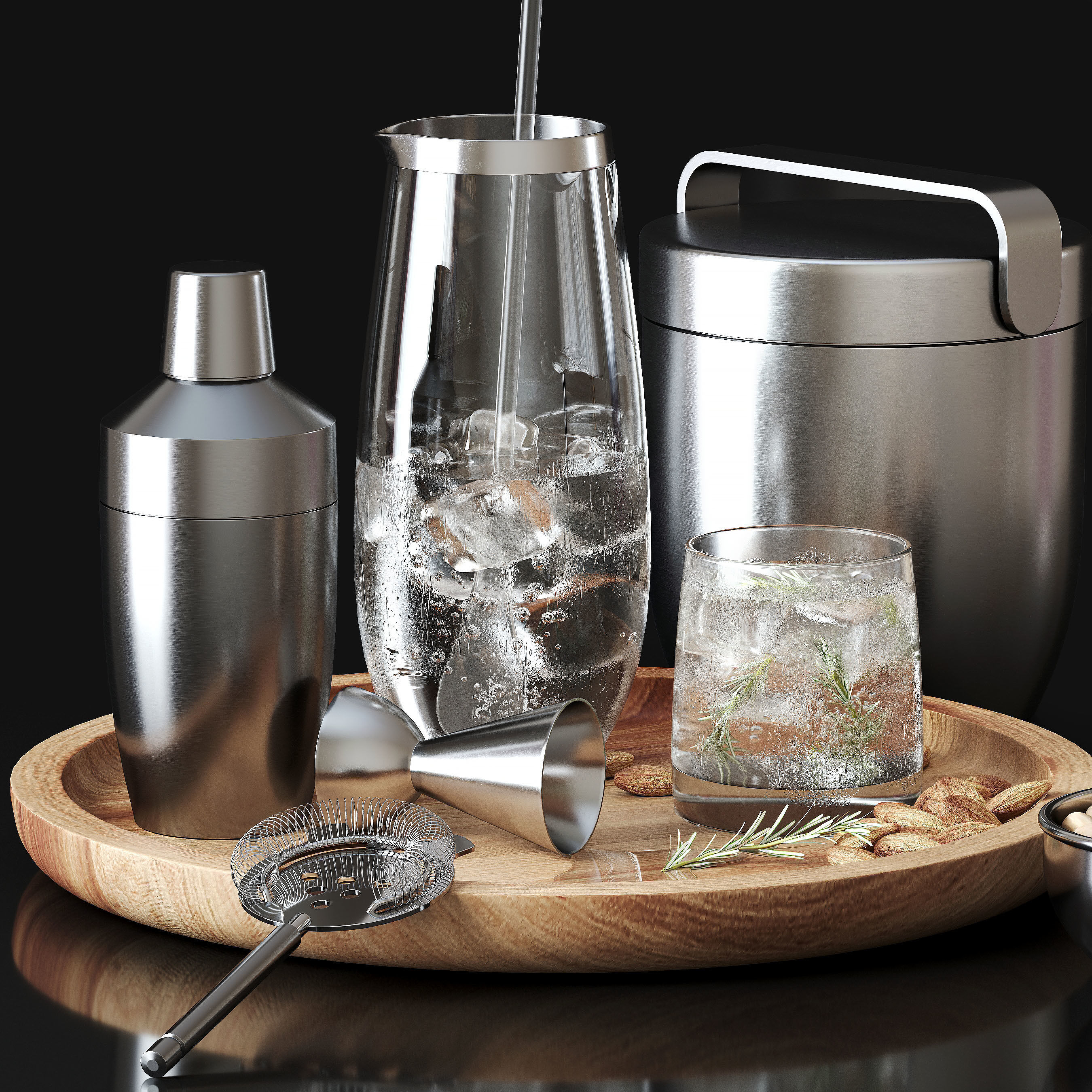 Decorative set martini shaker with walnuts and almonds on woo... 3D model_1