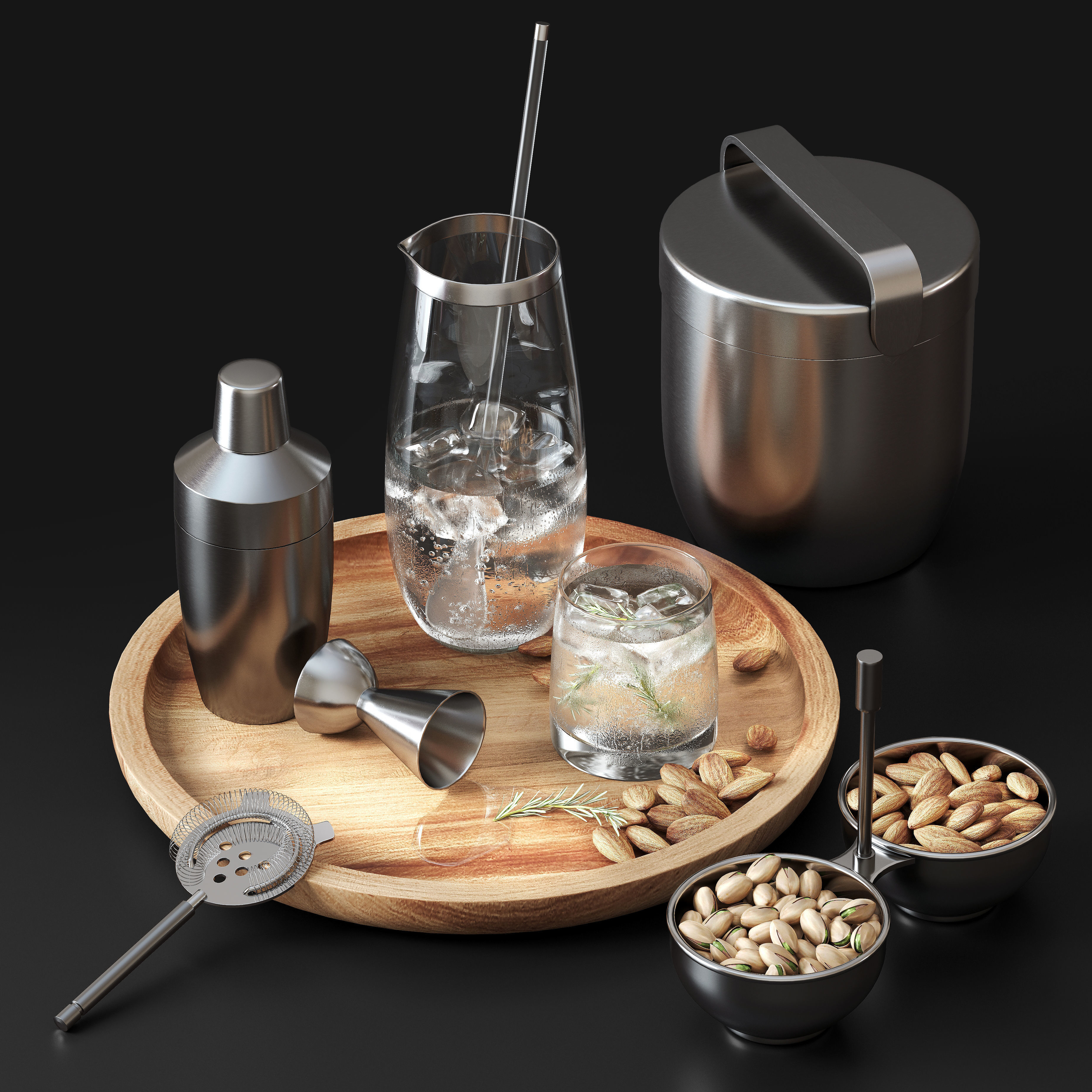 Decorative set martini shaker with walnuts and almonds on woo... 3D model_6