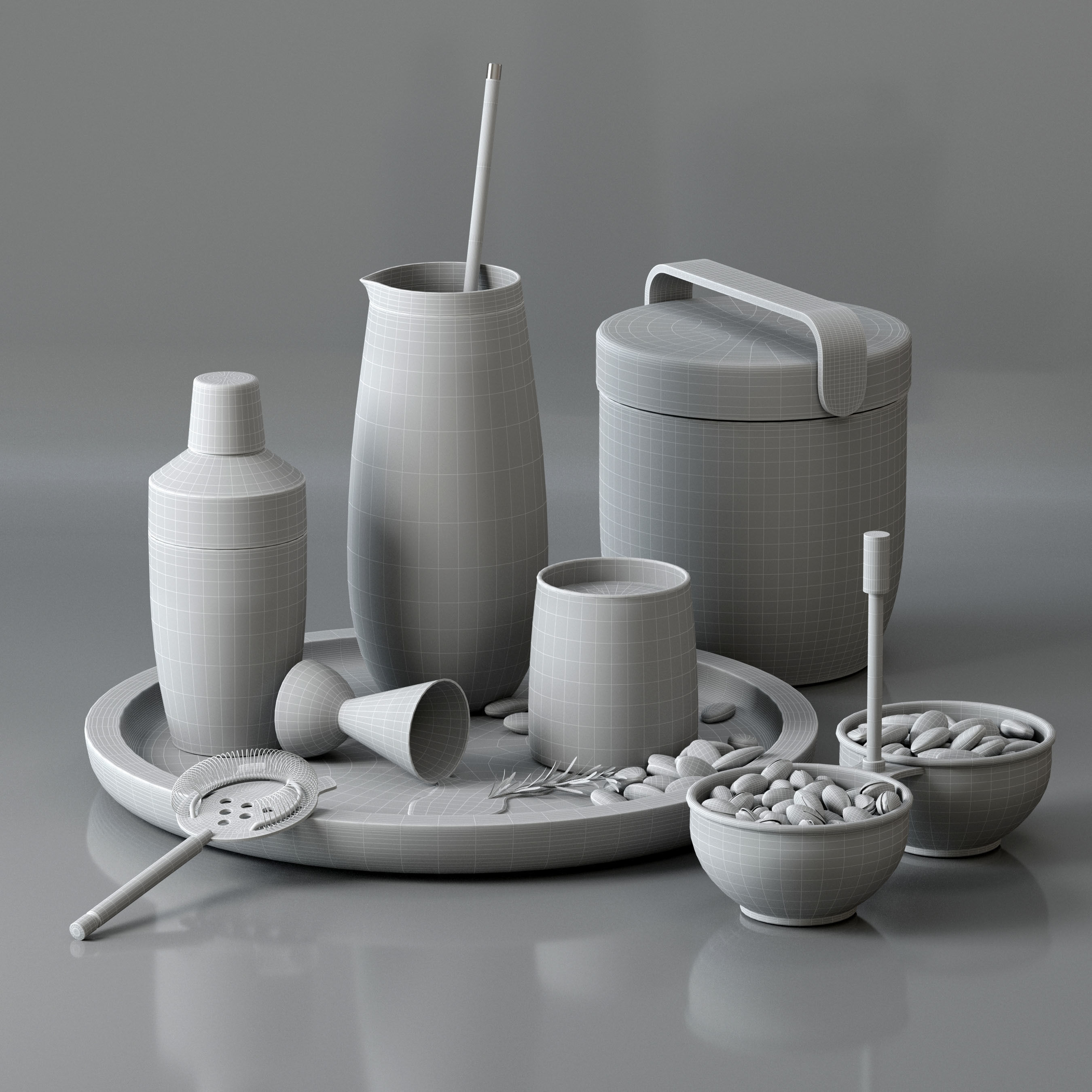 Decorative set martini shaker with walnuts and almonds on woo... 3D model_2