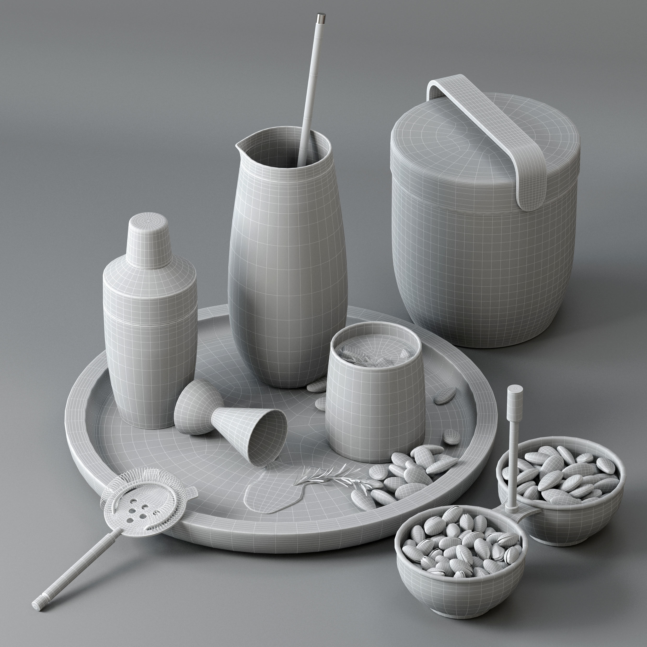 Decorative set martini shaker with walnuts and almonds on woo... 3D model_3