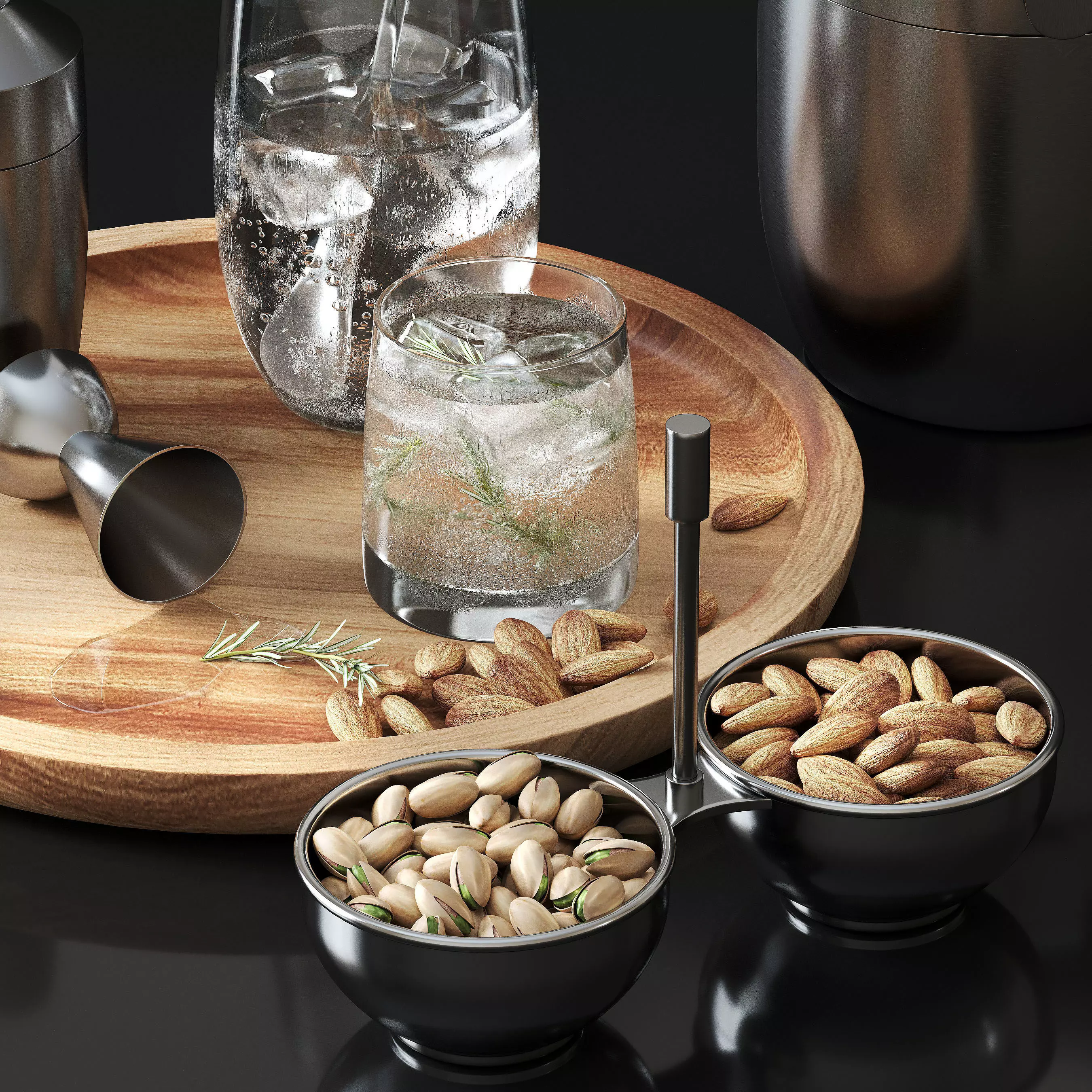 Decorative set martini shaker with walnuts and almonds on woo... 3D model_0