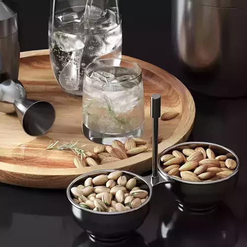 Decorative set martini shaker with walnuts and almonds on woo... 3D model