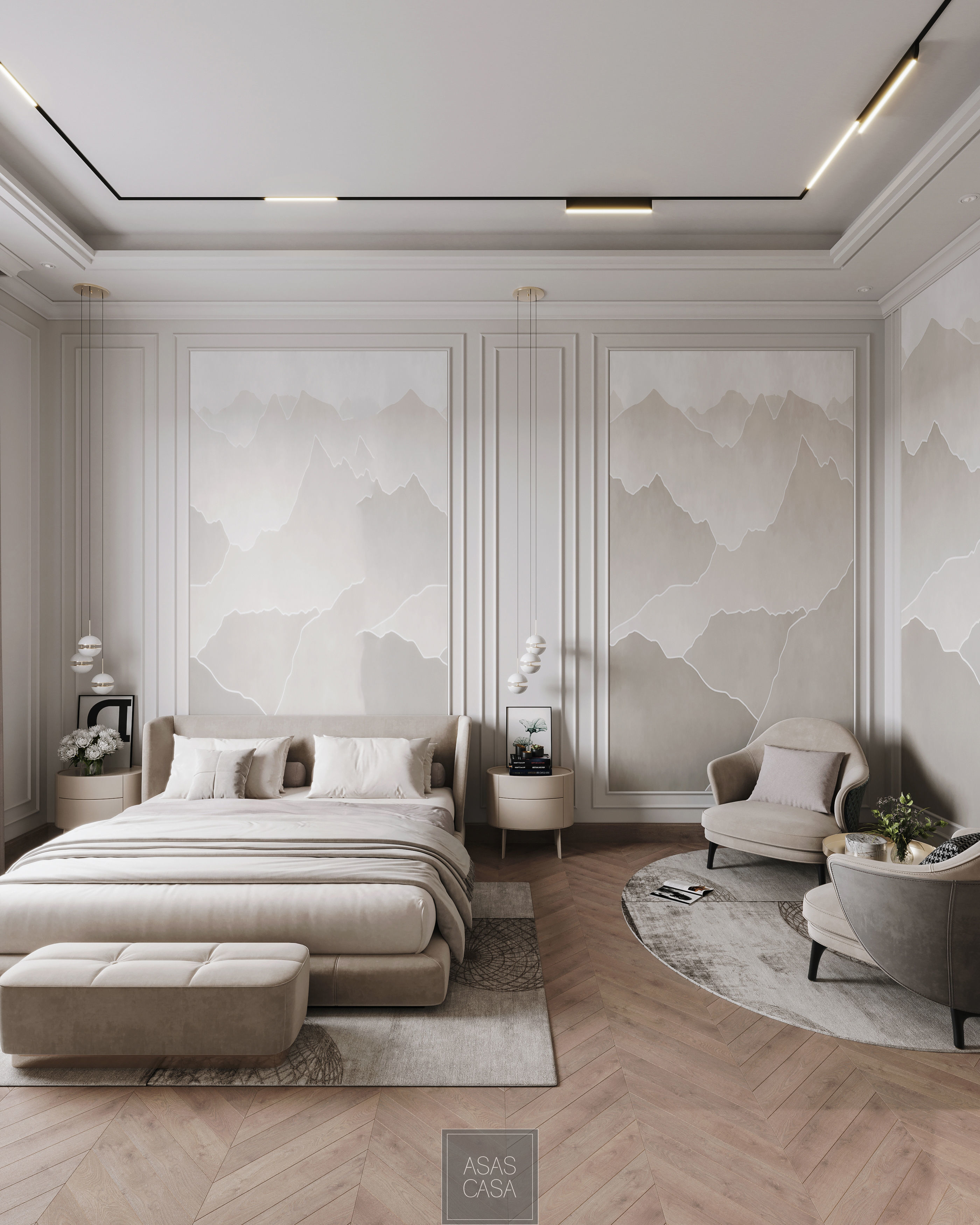 bedroom with mountains on wall 3D model_2