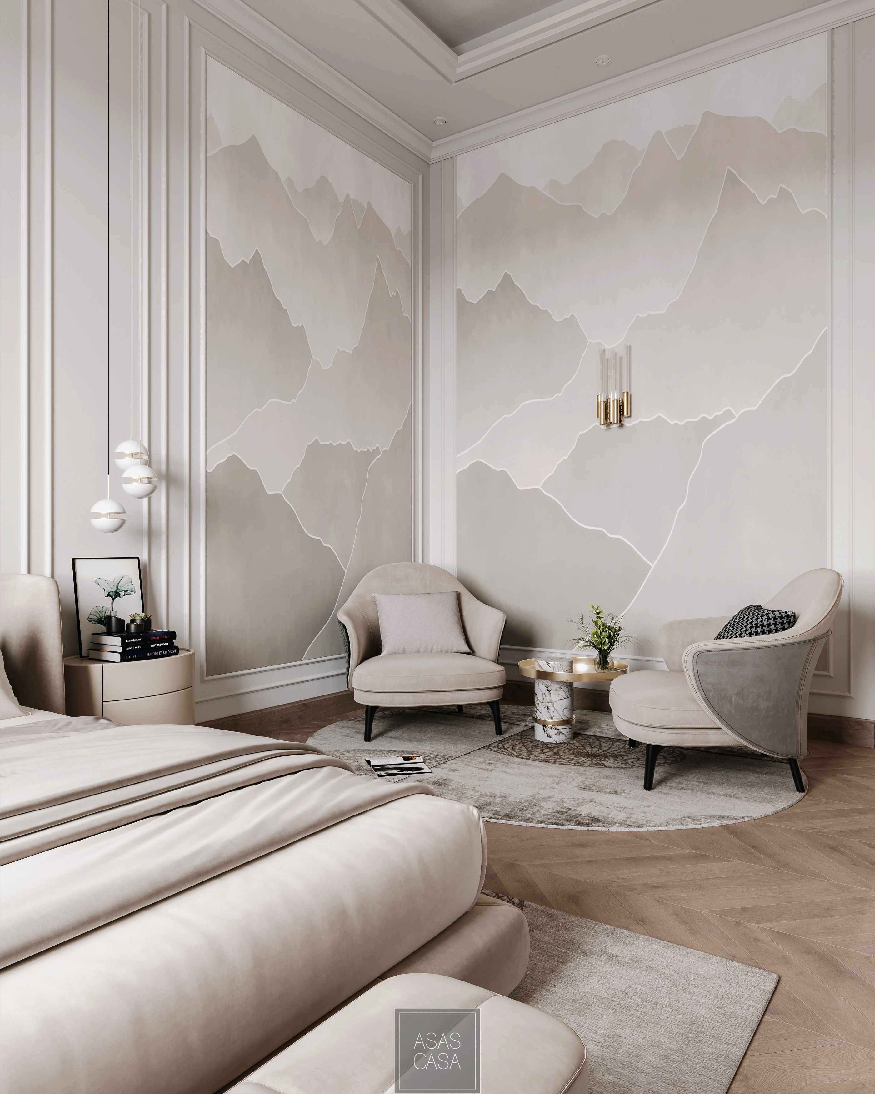 bedroom with mountains on wall 3D model_0