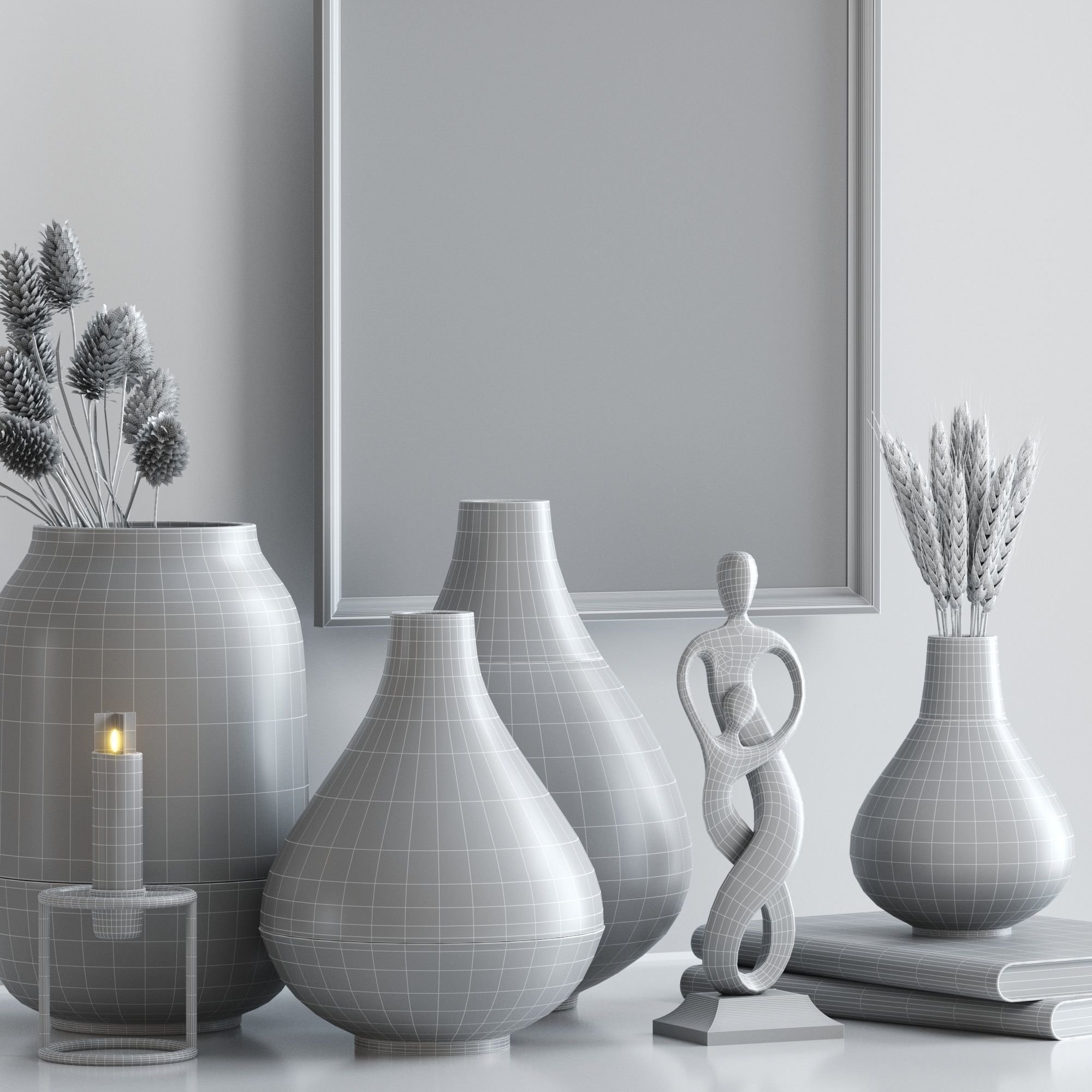 Decorative set vases and books on table 3D model_4