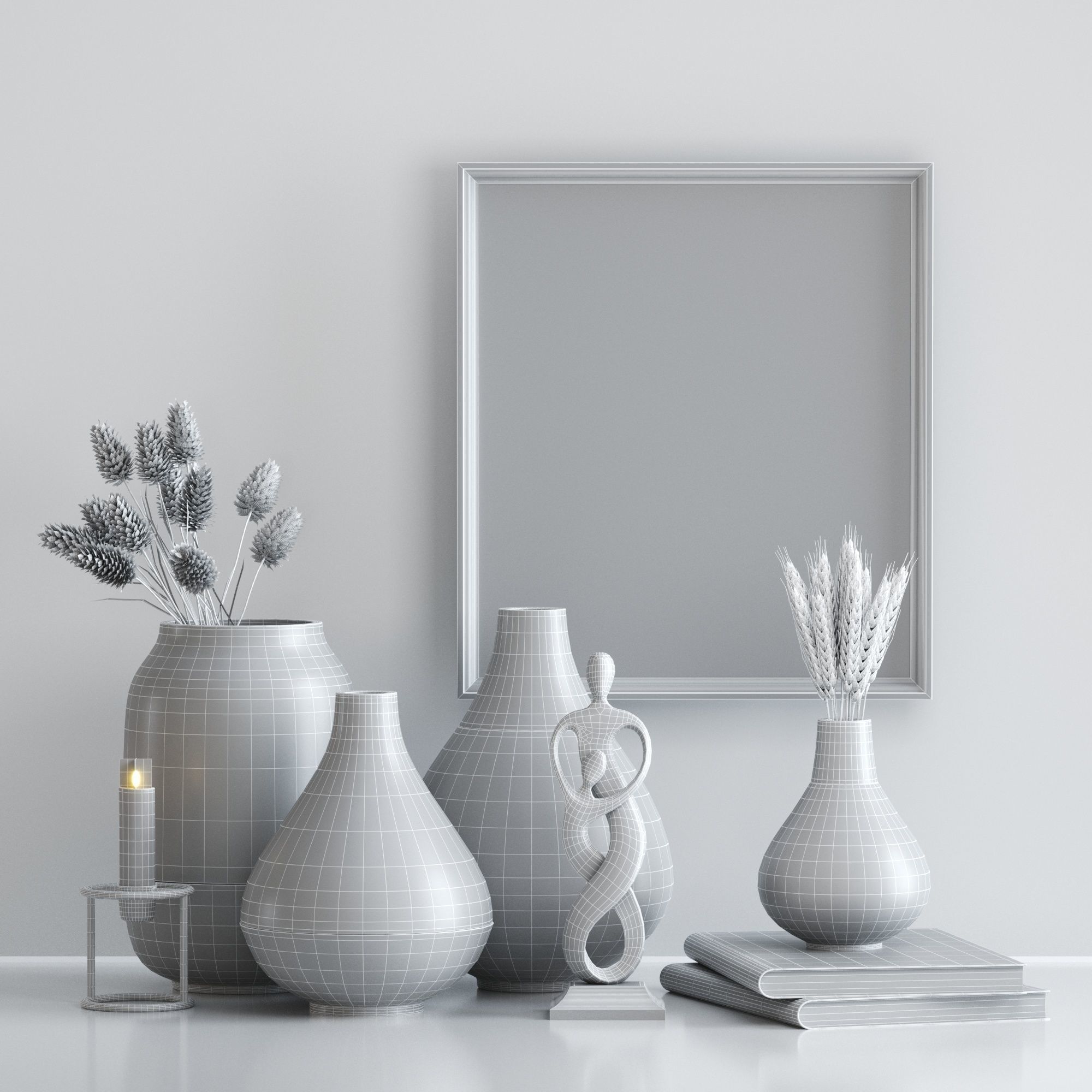 Decorative set vases and books on table 3D model_3