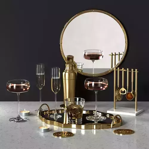 Decorative set gold tray with wine glasses and mirror 3D model