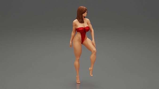 Brunette Woman in one Piece Swimming Suit Posing on the Beach 3D print model