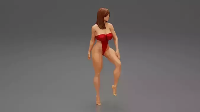 Brunette Woman in one Piece Swimming Suit Posing on the Beach 3D print model