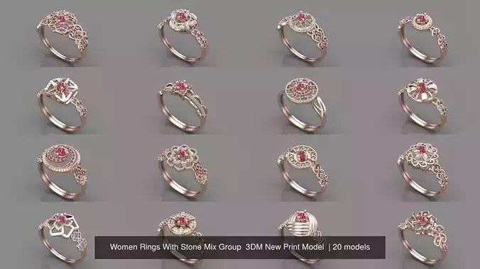 19 Files - Women Ring With Stone Mix Group  3DM STL Print Model  3D Model Collection