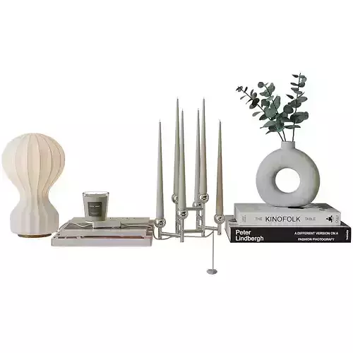 Decorative set 8 candle holder with books and plants 3D model