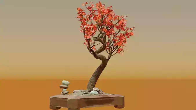 Bonsai red Maple Stylised Tree textured 3D model Low-poly