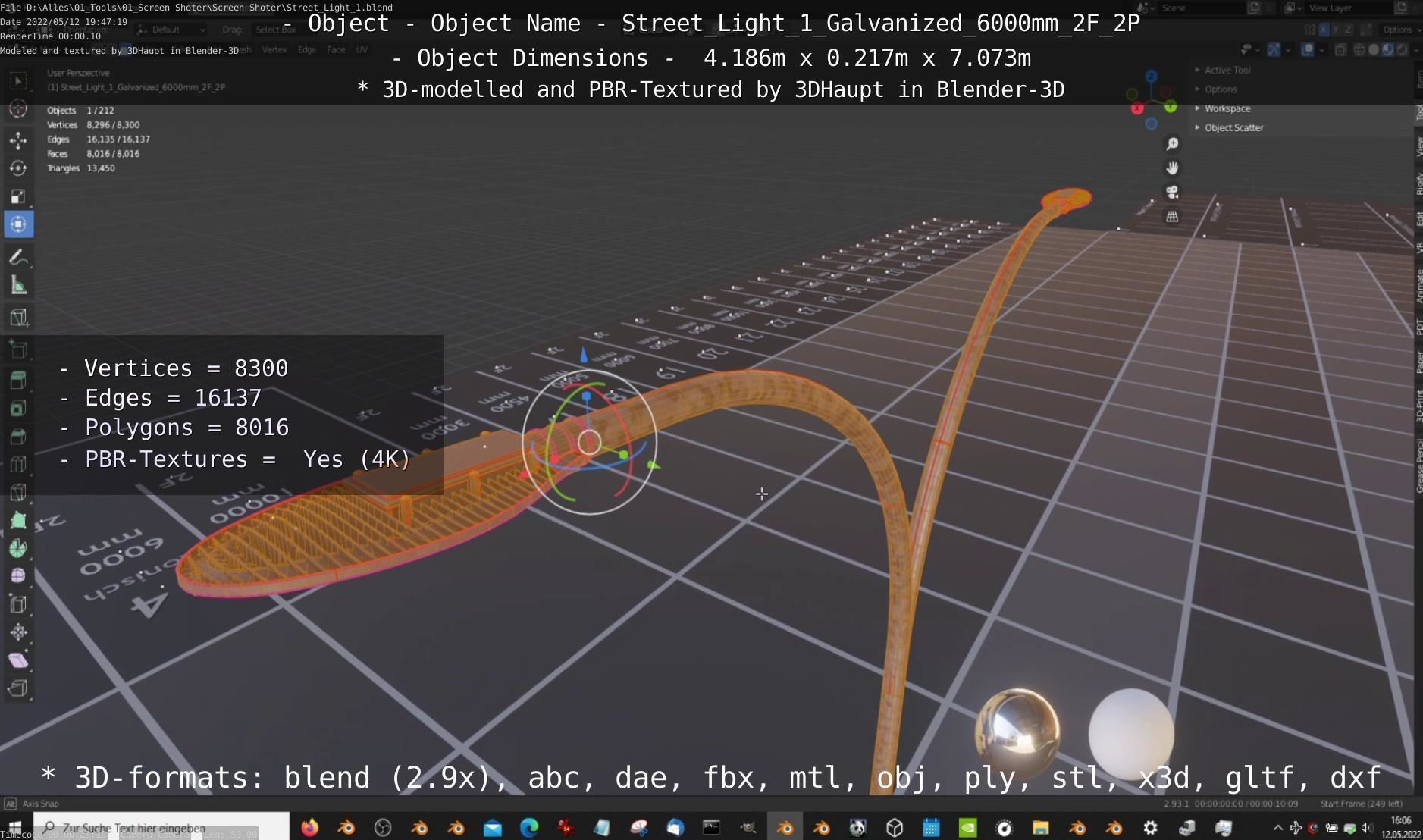 Street Light 1 Galvanized 6000mm 2F 2P Low-poly 3D model_4