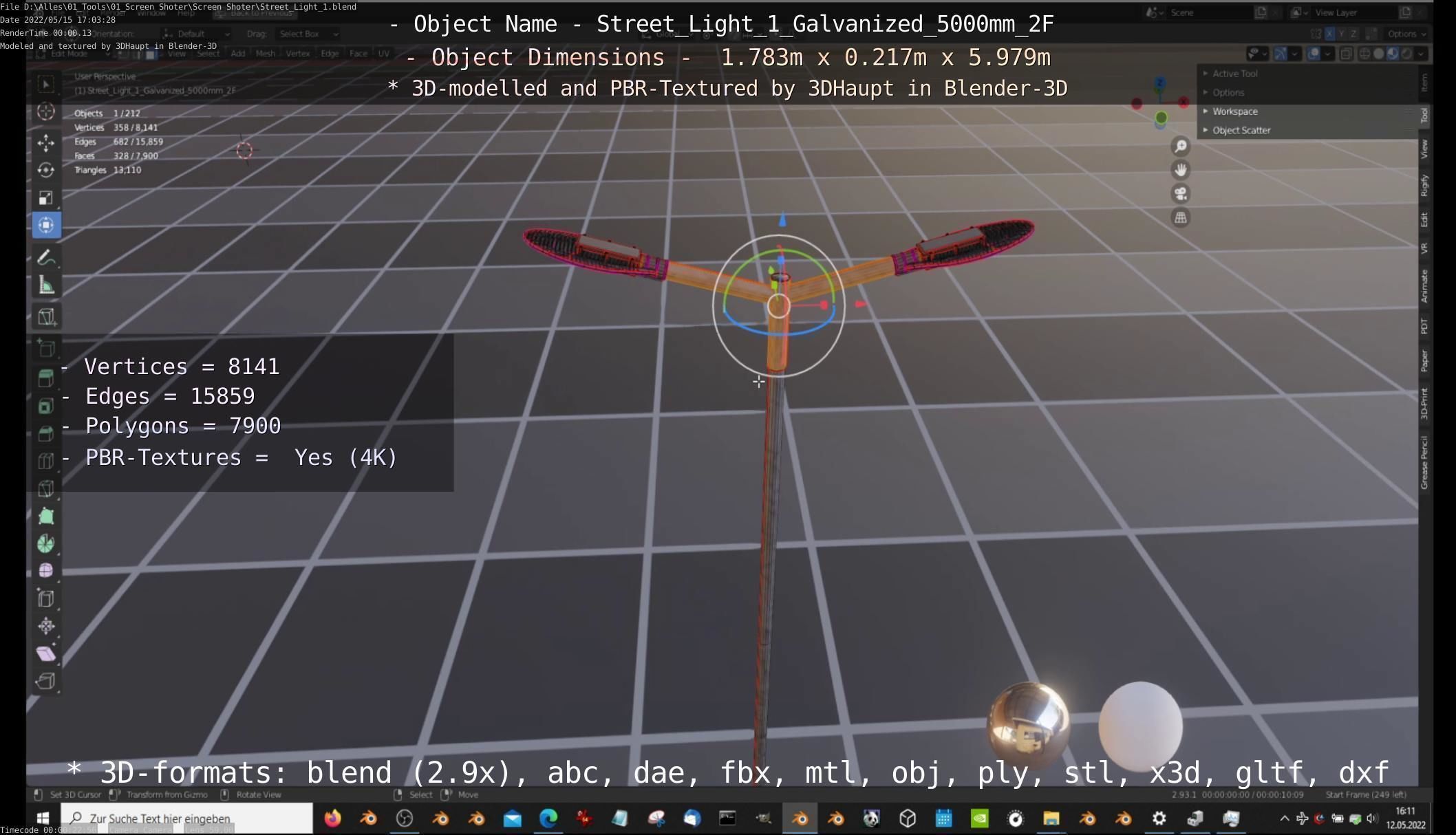 Street Light 1 Galvanized 5000mm 2F Low-poly 3D model_90