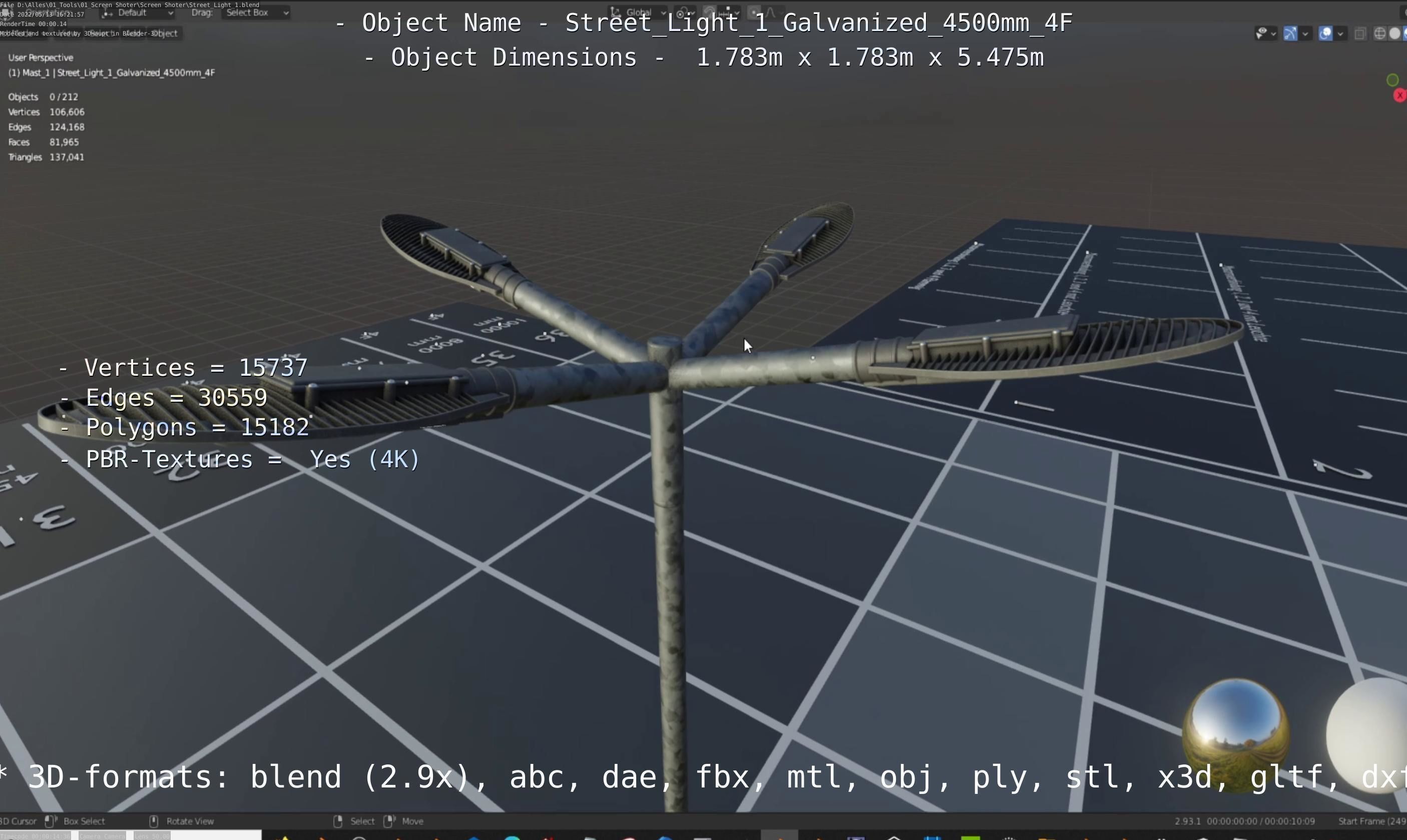 Street Light 1 Galvanized 4500mm 4F Low-poly 3D model_2
